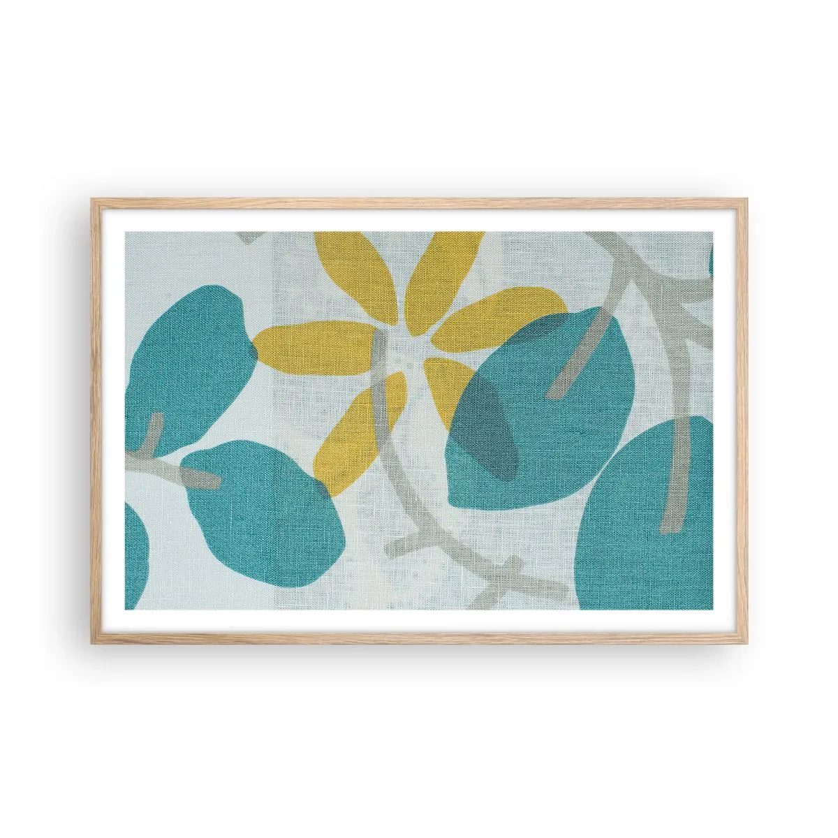 Poszter világos tölgy keretben - Azúrkék levelek között - 91x61 cm
