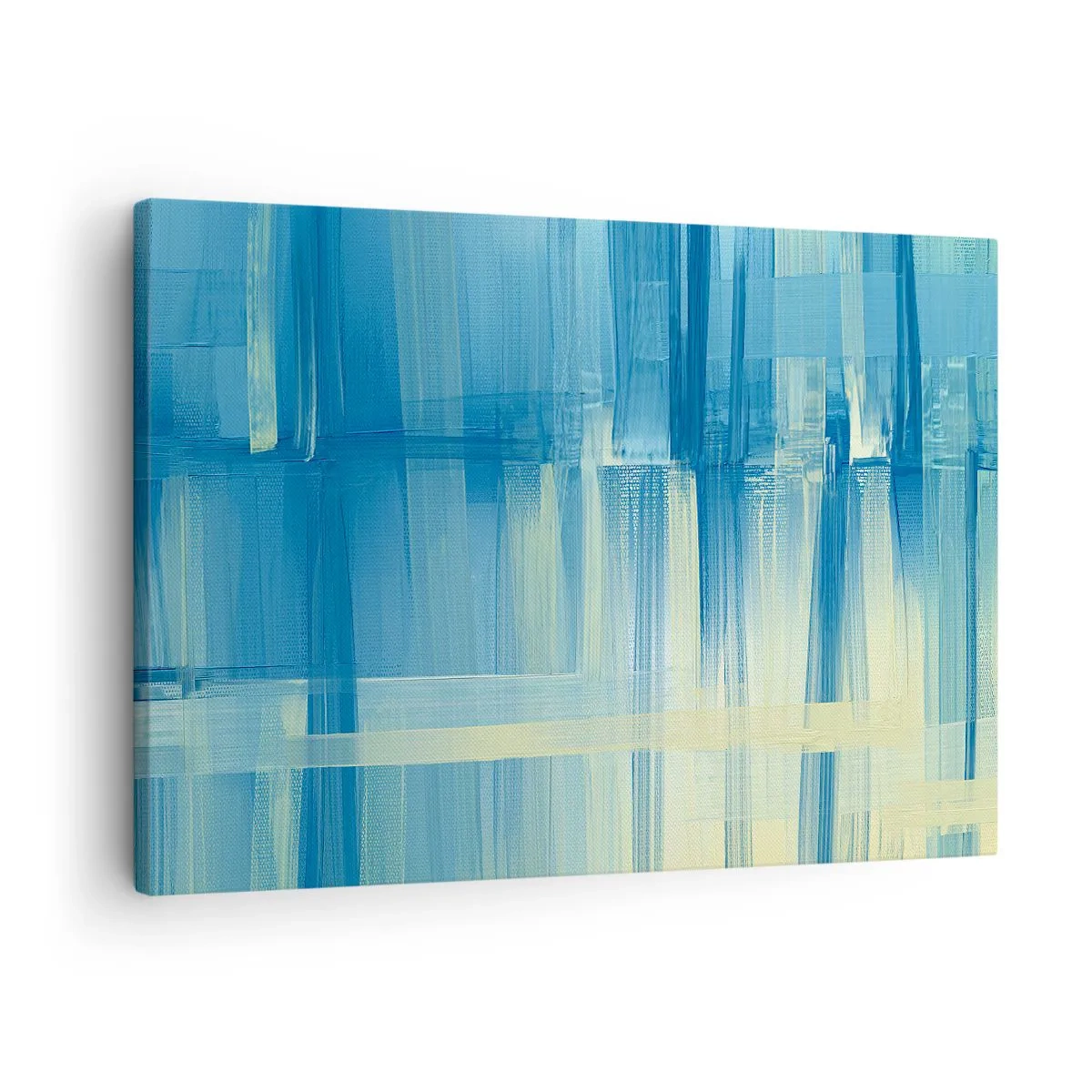 Vászonkép - Egy absztrakt festmény türkiz és kék árnyalatokban, geometrikus ecsetvonásokkal. - 70x50cm - Kompozíció türkizkékben - Modern fali dekoráció nappalihoz és hálószobához ARTTOR