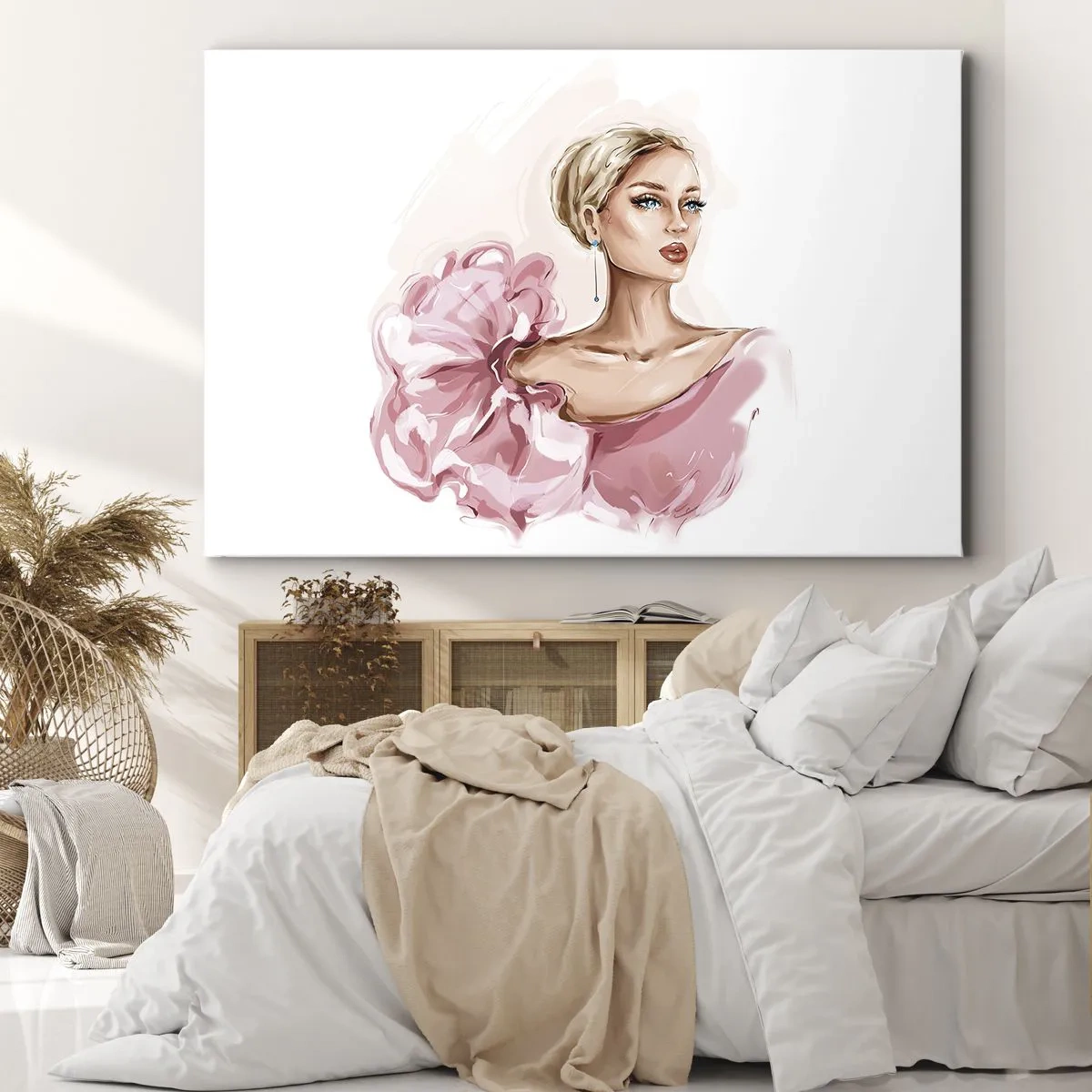 Vászonkép - Portré egy nőről rózsaszín ruhában világos háttér előtt - 70x50cm - Mintha festett lenne… - Modern fali dekoráció nappalihoz és hálószobához ARTTOR
