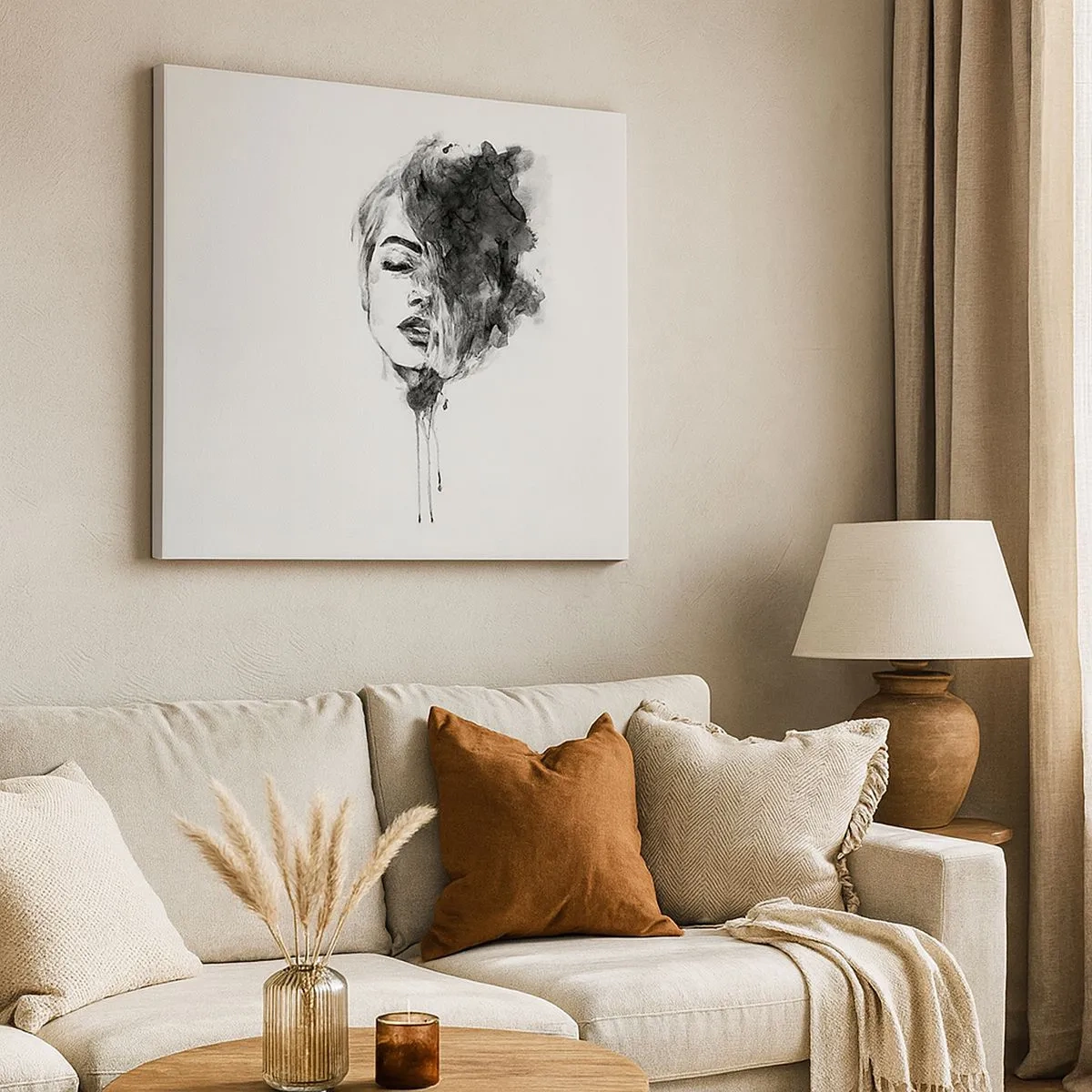 Vászonkép - Nő művészi portréja akvarell technikával, absztrakt részletekkel - 70x50cm - Miről álmodozik egy lány - Modern fali dekoráció nappalihoz és hálószobához ARTTOR