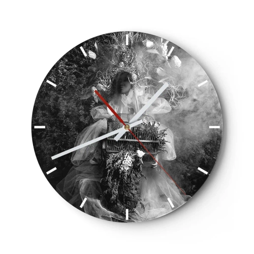 Falióra, Óra - Művészi alak kalitkával és virágkompozícióval a füstben - 30x30cm - Maga az Anya – Természet - Modern fali dekoráció nappalihoz, konyhához és hálószobához ARTTOR