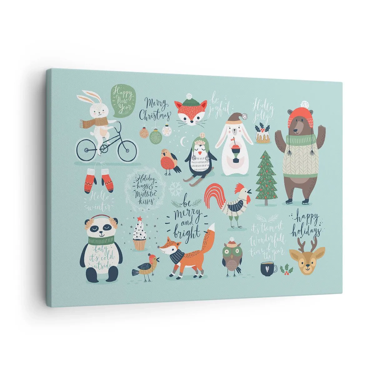 Vászonkép - Karácsonyi illusztráció állatokról téli hangulatban - 70x50cm - Legyen mindig ünnep! - Modern fali dekoráció nappalihoz és hálószobához ARTTOR