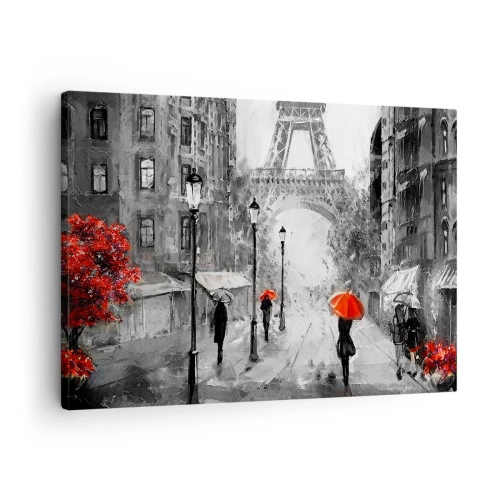Vászonkép - Egy utca, ahonnan kilátás nyílik az Eiffel-toronyra és a piros napernyőkre - 70x50cm - Minden út hozzá vezet - Modern fali dekoráció nappalihoz és hálószobához ARTTOR