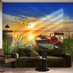Fotótapéta Premium Sand - A kormoránok már repülnek el - Tájkép, Tó, Napnyugta - 350x256 cm