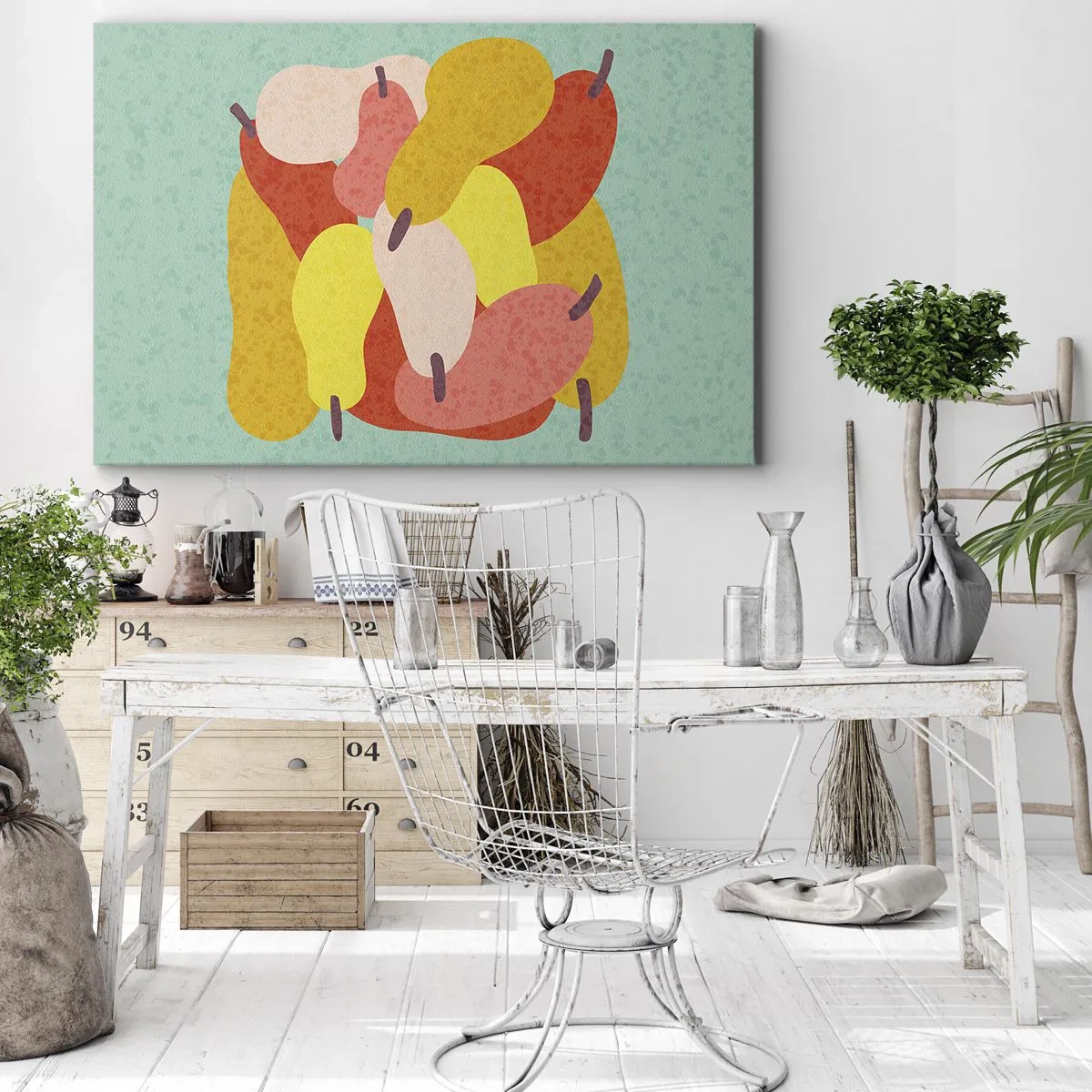 Vászonkép - Színes absztrakt körte zöld háttéren - 70x50cm - Ízlelgetni a nyári napot - Modern fali dekoráció nappalihoz és hálószobához ARTTOR
