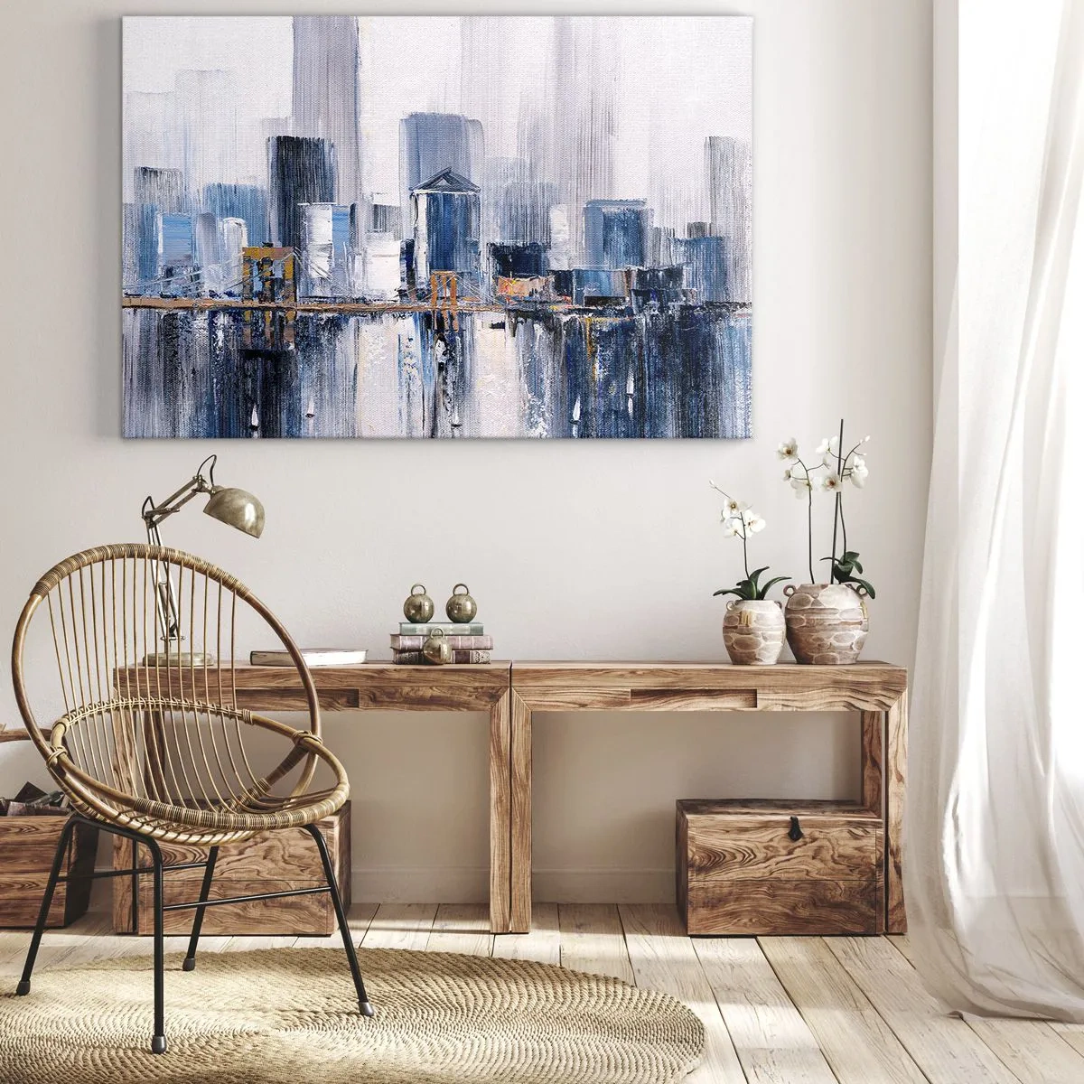 Vászonkép - Absztrakt városi panoráma kék és sárga árnyalatokkal - 70x50cm - New York-i benyomás - Modern fali dekoráció nappalihoz és hálószobához ARTTOR