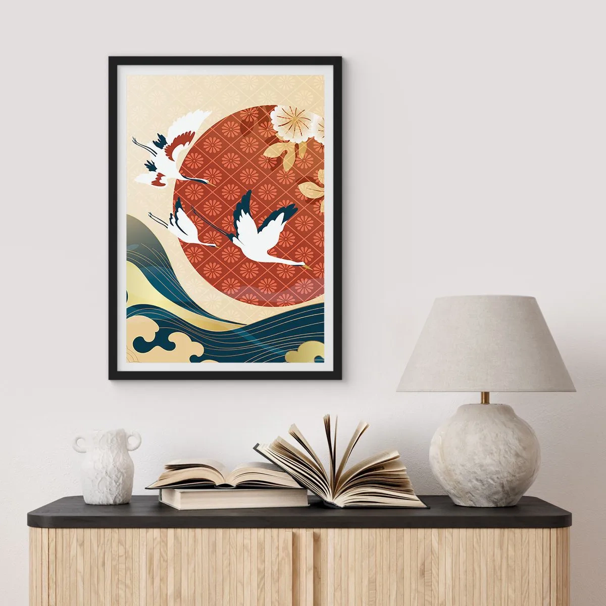 Poszter fehér keretben - Japán kompozíció darukkal, hullámokkal és egy piros körrel - 50x70cm - Japán mese - Modern fali dekoráció nappalihoz és hálószobához ARTTOR