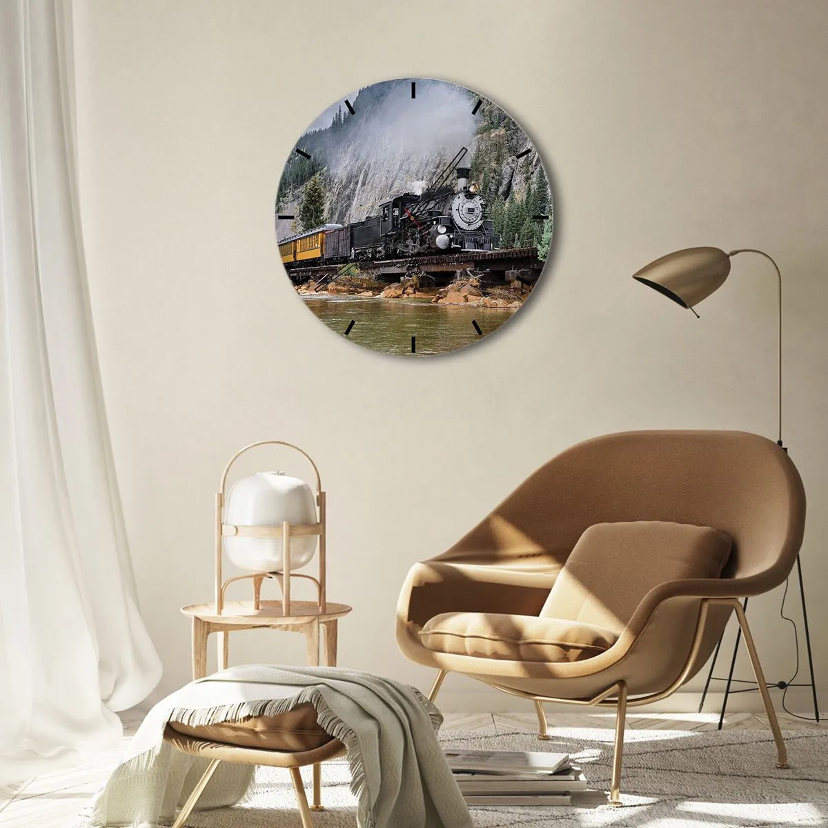 Falióra, Óra - Egy gőzmozdony egy hídon egy hegyi tájon, egy folyó felett - 30x30cm - Hova? Hova? - Modern fali dekoráció nappalihoz, konyhához és hálószobához ARTTOR