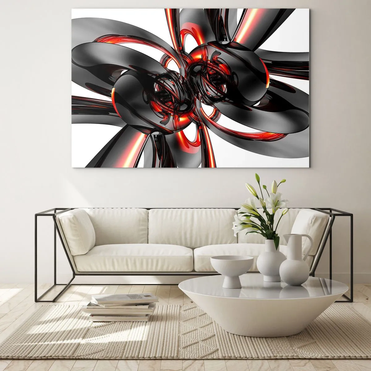 Üveg kép - Modern absztrakció fekete és piros színben - 70x50cm - Mozgás grafitban és vörösben - Modern fali dekoráció nappalihoz és hálószobához ARTTOR