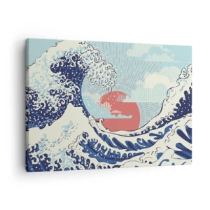 Vászonkép - Óceánhullámok és egy japán stílusú naplemente - 70x50cm - Japán inspirációból - Modern fali dekoráció nappalihoz és hálószobához ARTTOR