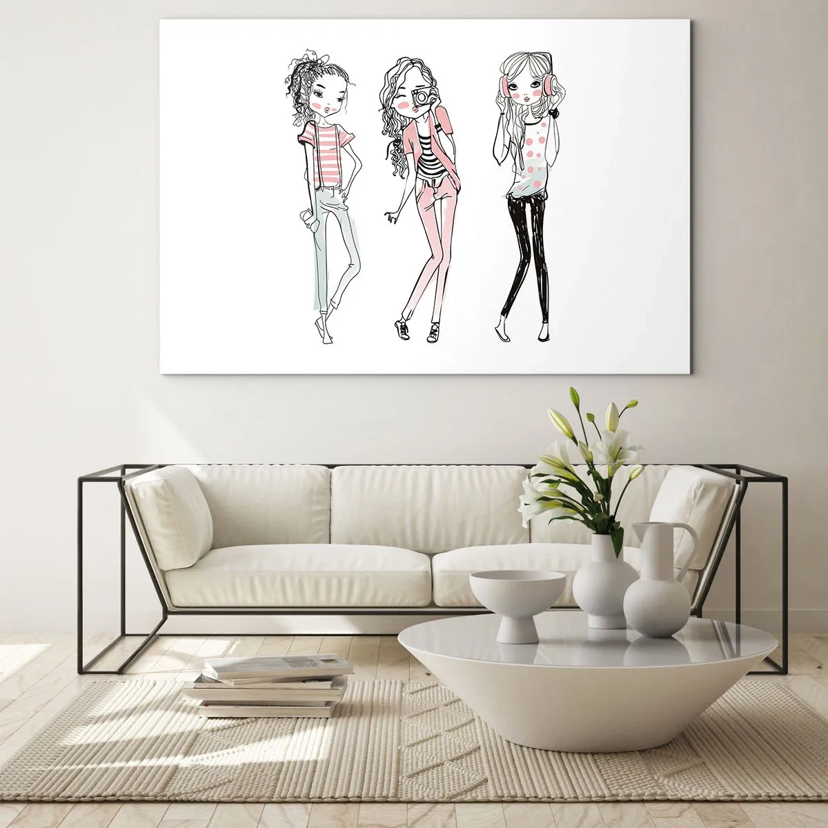 Üveg kép - Három stílusos lány pasztell színekben - 70x50cm - Lesz, jó móka lesz - Modern fali dekoráció nappalihoz és hálószobához ARTTOR