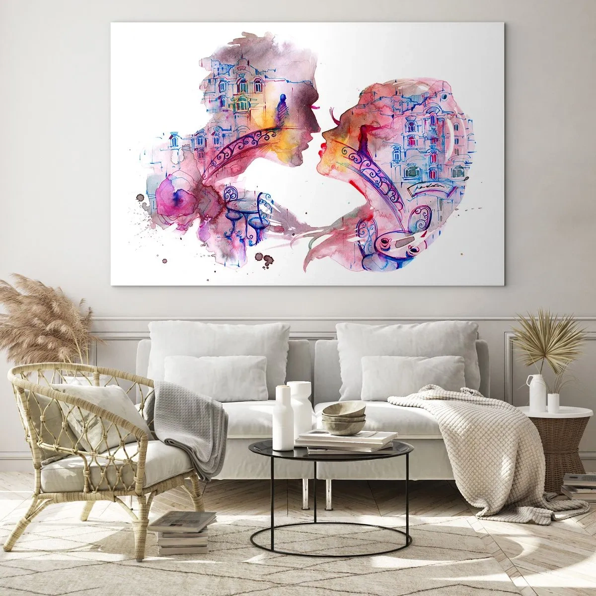 Üveg kép - Két szív alakú ember absztrakt portréjának illusztrációja - 70x50cm - A sóhajok titkos hídja - Modern fali dekoráció nappalihoz és hálószobához ARTTOR