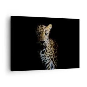 Vászonkép - Egy leopárd sötét háttér előtt, intenzív tekintettel - 70x50cm - Sötét szépség - Modern fali dekoráció nappalihoz és hálószobához ARTTOR