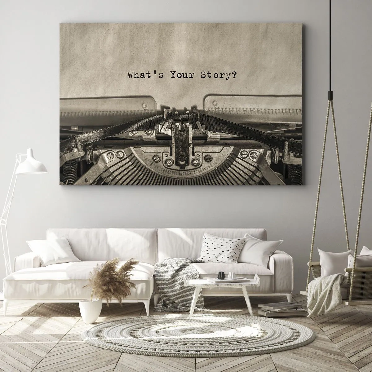 Vászonkép - Egy írógép, amelyen a „Mi a történeted?” felirat olvasható. - 70x50cm - Meséld el - Modern fali dekoráció nappalihoz és hálószobához ARTTOR
