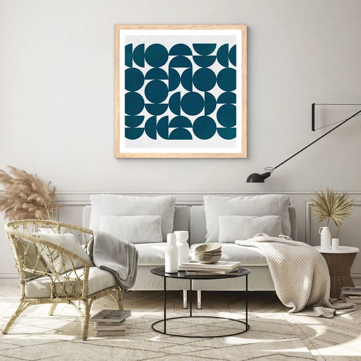 Poszter világos tölgy keretben - Körök és félkörök - 60x60 cm