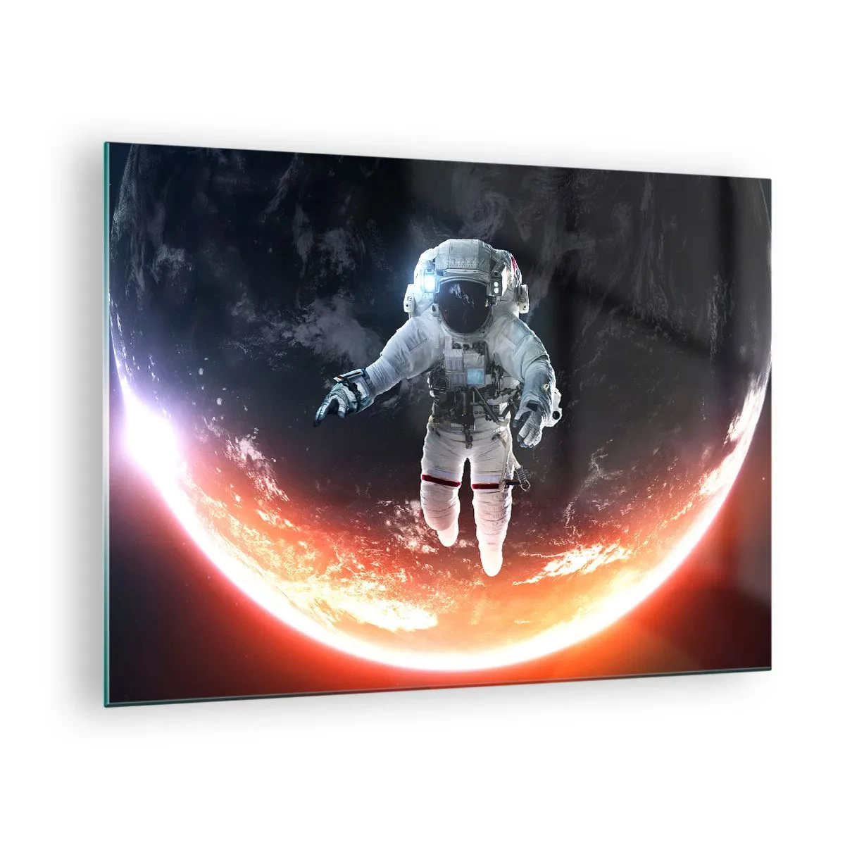 Üveg kép - Űrhajós az űrben, egy bolygóval a háttérben - 70x50cm - Maradhatok még egy kicsit? - Modern fali dekoráció nappalihoz és hálószobához ARTTOR