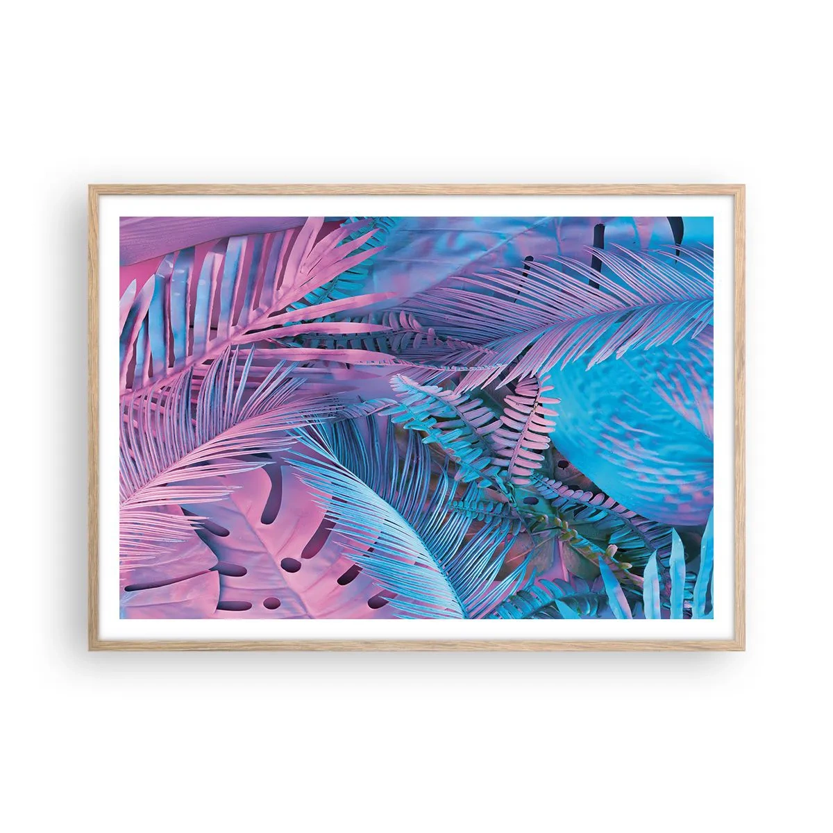 Poszter világos tölgy keretben - Trópusok rózsaszínben és kékben - 100x70 cm