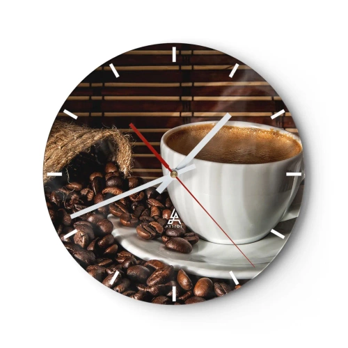 Falióra, Óra - Egy csésze kávé és szétszórt bab bambusz alapon - 30x30cm - A szén feketesége, a borostyán tisztasága - Modern fali dekoráció nappalihoz, konyhához és hálószobához ARTTOR