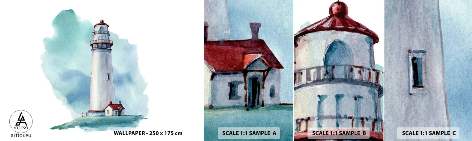 Fotótapéta Minta Öntapadós Deluxe Sticker - A kék szelíd húga - Világítótorony, Tengerpart, Rajz - 100x30 cm