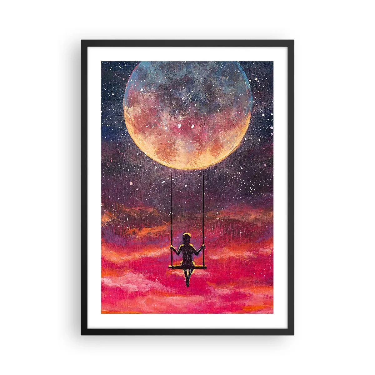 Poszter fehér keretben - Lány a hintán a telihold alatt - 50x70cm - Álmodozva - Modern fali dekoráció nappalihoz és hálószobához ARTTOR
