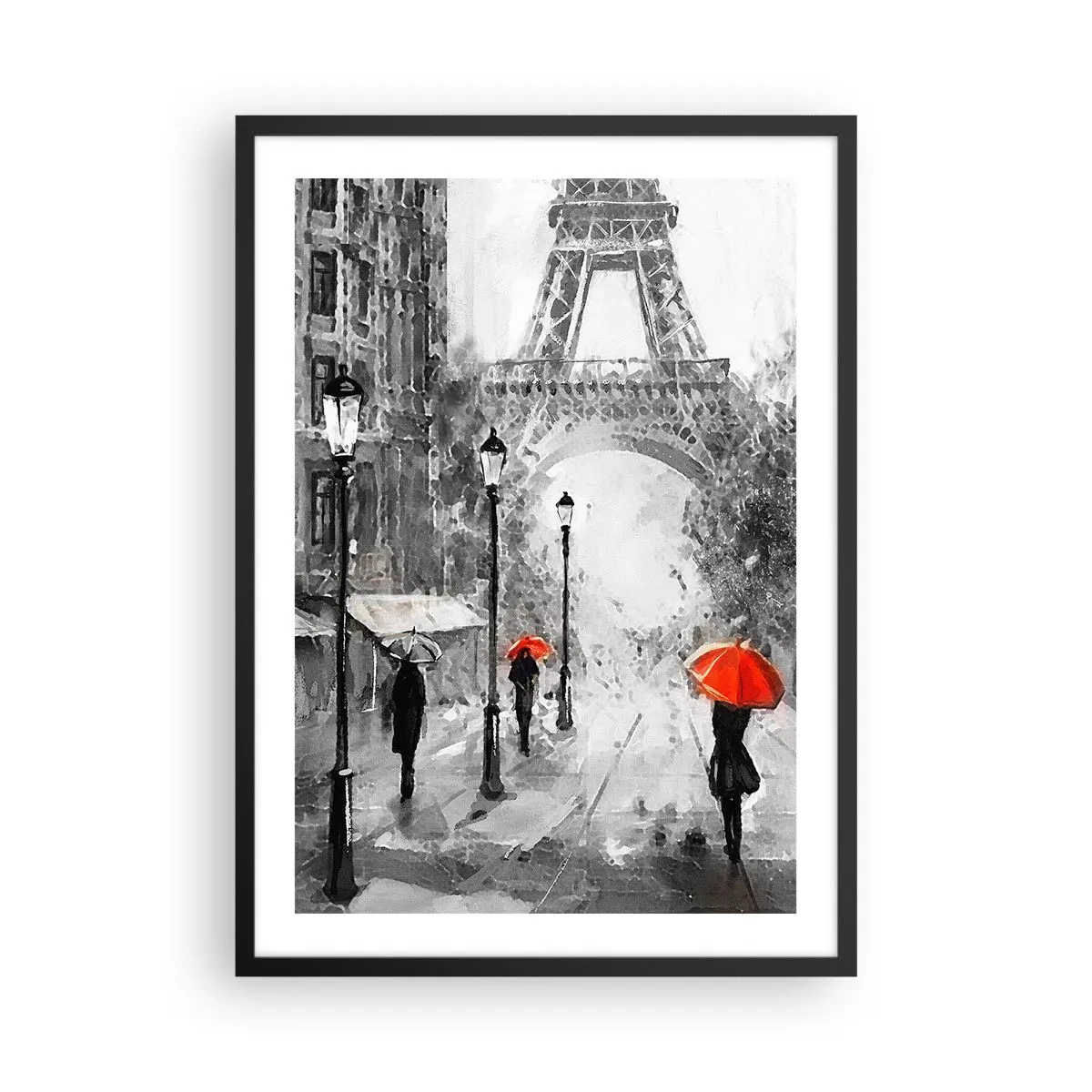 Poszter fehér keretben - Fekete-fehér Eiffel-torony piros esernyőkkel az esőben - 50x70cm - Minden út hozzá vezet - Modern fali dekoráció nappalihoz és hálószobához ARTTOR