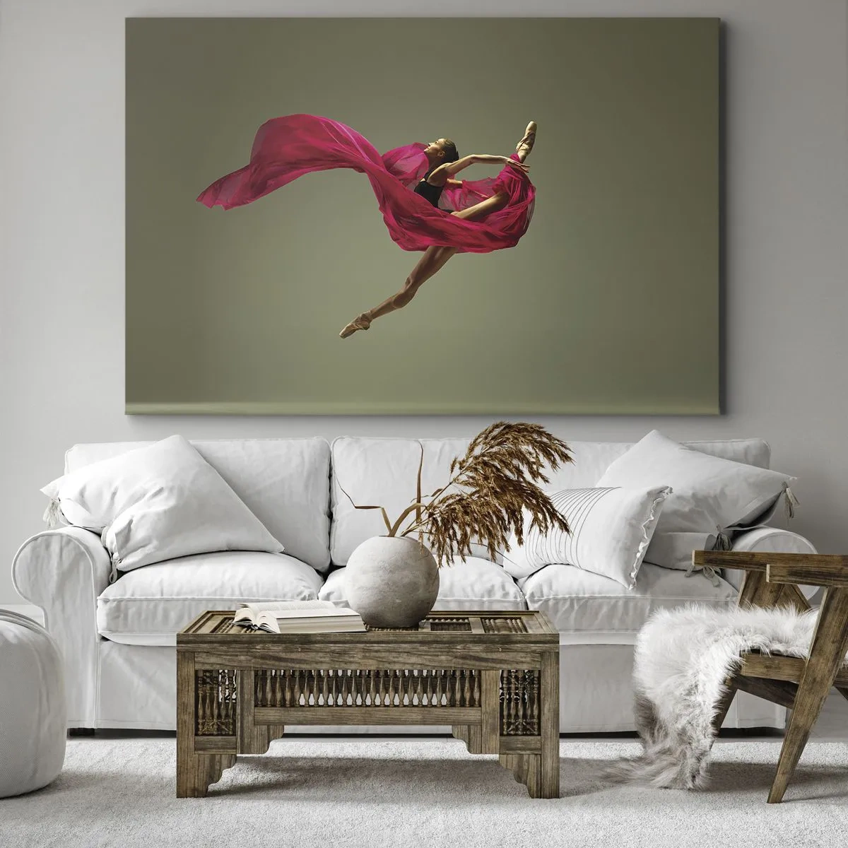 Vászonkép - Balett-táncos dinamikus pózban rózsaszín szövettel - 70x50cm - Táncoló láng - Modern fali dekoráció nappalihoz és hálószobához ARTTOR