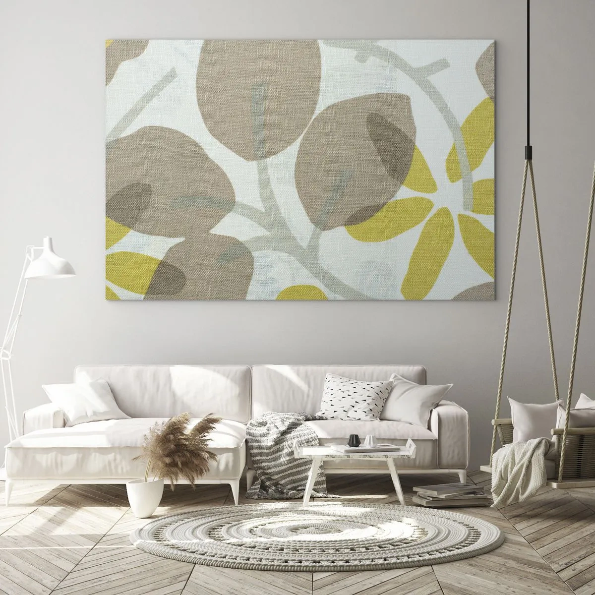 Üveg kép - Stilizált levelek és virágok pasztell bézs és sárga árnyalatokban - 70x50cm - Kompozíció a napsütésben - Modern fali dekoráció nappalihoz és hálószobához ARTTOR