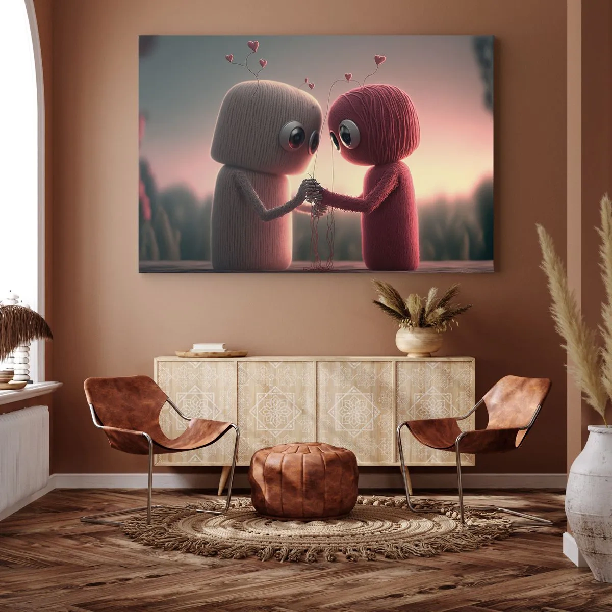 Vászonkép - Fonalfigurák bájos, szív témájú környezetben - 70x50cm - Mindenki szerethet - Modern fali dekoráció nappalihoz és hálószobához ARTTOR