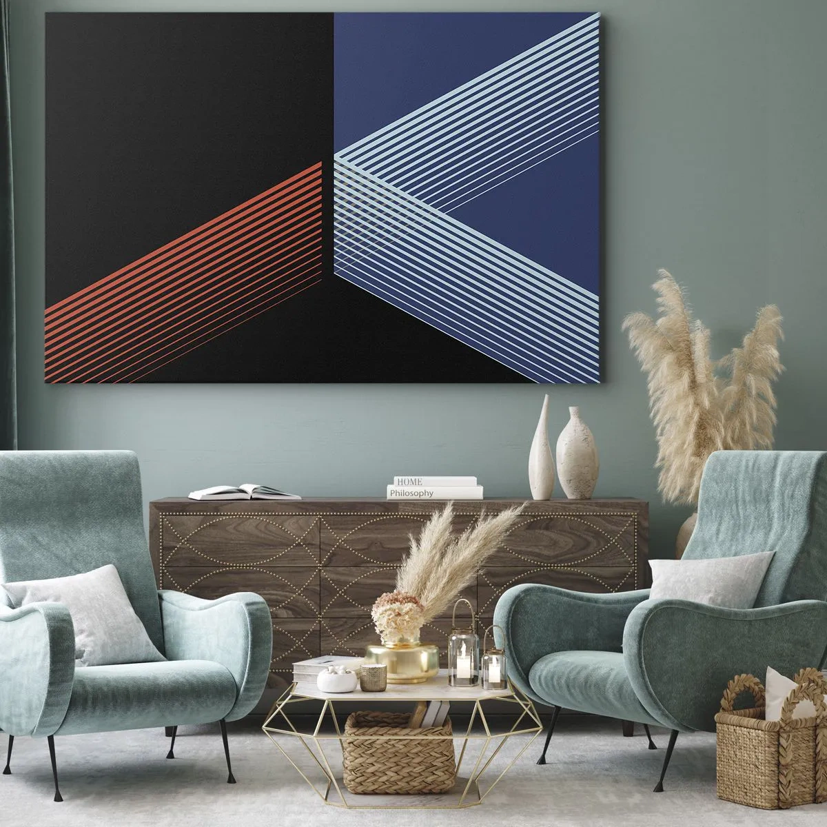 Vászonkép - Geometriai vonalak vörös és kék árnyalatokban - 70x50cm - Egyszerű történet - Modern fali dekoráció nappalihoz és hálószobához ARTTOR