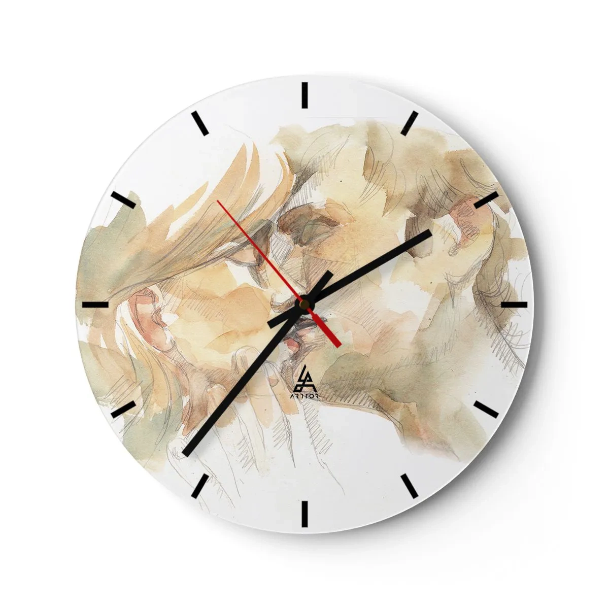 Falióra, Óra - Pasztellszínű akvarell portré egy csókolózó párról - 30x30cm - Meglelt másik fél? - Modern fali dekoráció nappalihoz, konyhához és hálószobához ARTTOR