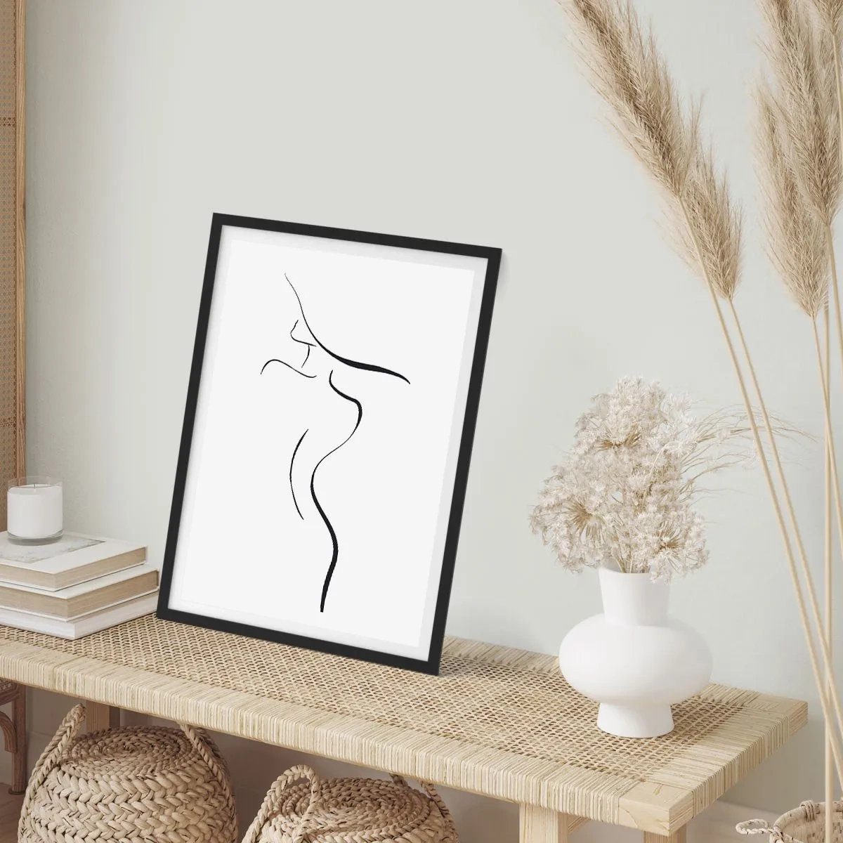 Poszter fehér keretben - Egy minimalista nő sziluettje, fekete vonallal rajzolva. - 50x70cm - Megfoghatatlan, mint egy hullám - Modern fali dekoráció nappalihoz és hálószobához ARTTOR