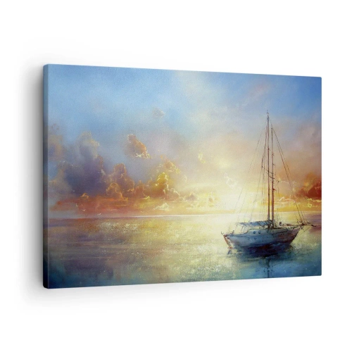 Vászonkép - Egy jacht a nyugodt tengeren naplementekor - 70x50cm - Egy arany öbölben - Modern fali dekoráció nappalihoz és hálószobához ARTTOR