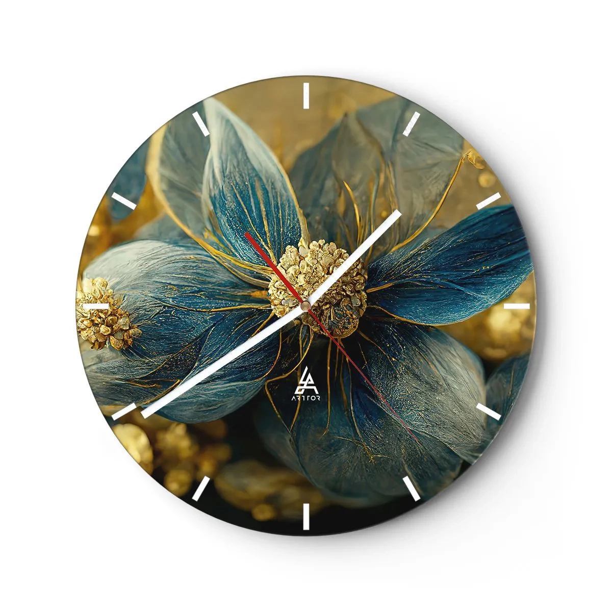 Falióra, Óra - Egy virág arany és kék színekben - 30x30cm - Aranyló virág - Modern fali dekoráció nappalihoz, konyhához és hálószobához ARTTOR