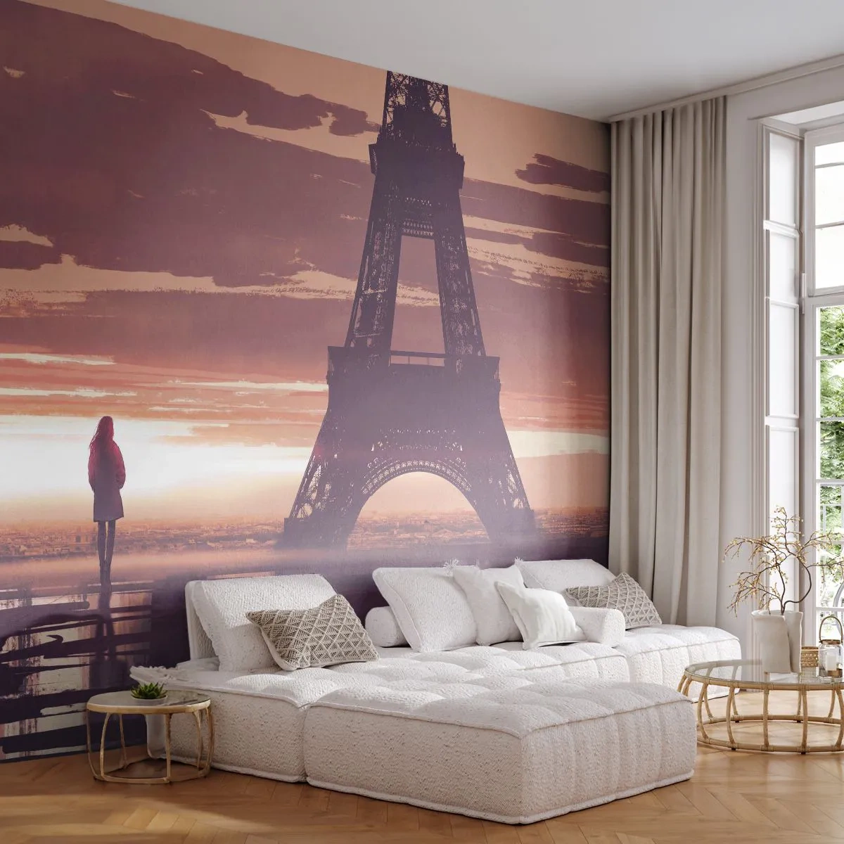 Fotótapéta Standard Eco - Az Eiffel-torony naplementekor, egy magányos alakkal a háttérben - 100x70cm - Csak ők ketten - Modern fali dekoráció nappalihoz és hálószobához ARTTOR