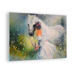 Üveg kép - Egy fehér ruhás nő fehér lóval egy virágokkal teli réten. - 70x50cm - Mint egy szép álomból - Modern fali dekoráció nappalihoz és hálószobához ARTTOR
