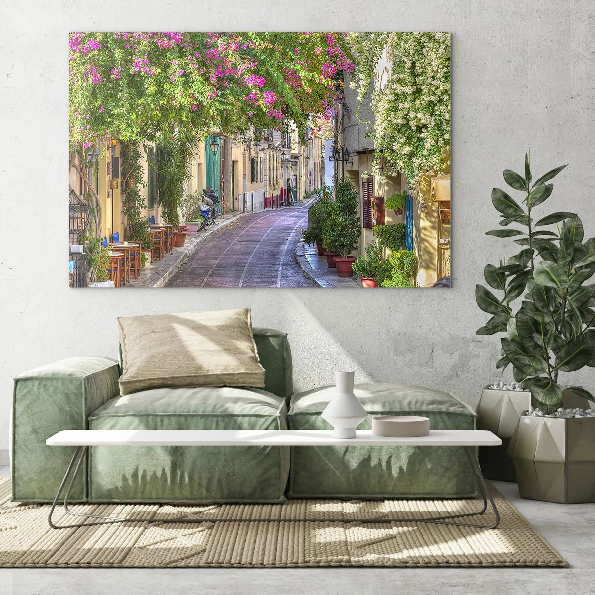 Üveg kép - Egy bájos utca virágzó fákkal - 70x50cm - Virágzó sikátor - Modern fali dekoráció nappalihoz és hálószobához ARTTOR