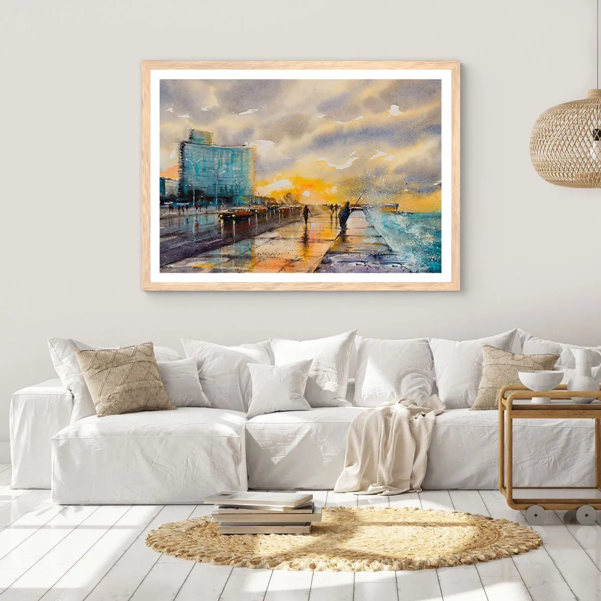 Poszter világos tölgy keretben - Élet a parton - 40x30 cm