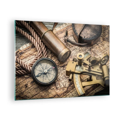 Üveg kép - Retro stílusú iránytű, térkép és navigációs segédeszközök - 70x50cm - Állítson be egy irányt - Modern fali dekoráció nappalihoz és hálószobához ARTTOR