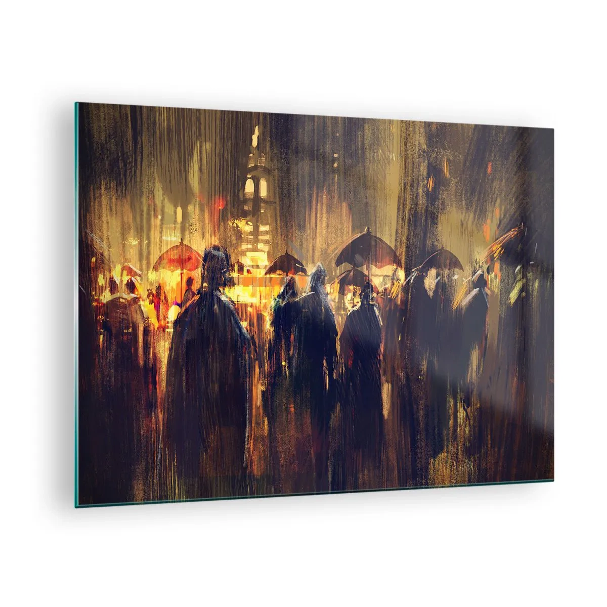 Üveg kép - Esernyős tömeg az esőben, a város fényeinek hátterében - 70x50cm - Az eső imádói - Modern fali dekoráció nappalihoz és hálószobához ARTTOR