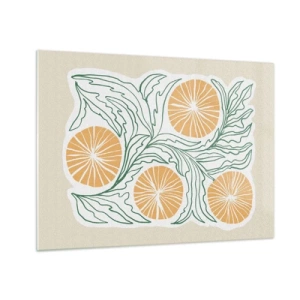 Üveg kép - Narancssárga gyümölcsök és zöld levelek grafikus kompozícióban - 70x50cm - Etnikus egy csipet absztrakcióval - Modern fali dekoráció nappalihoz és hálószobához ARTTOR