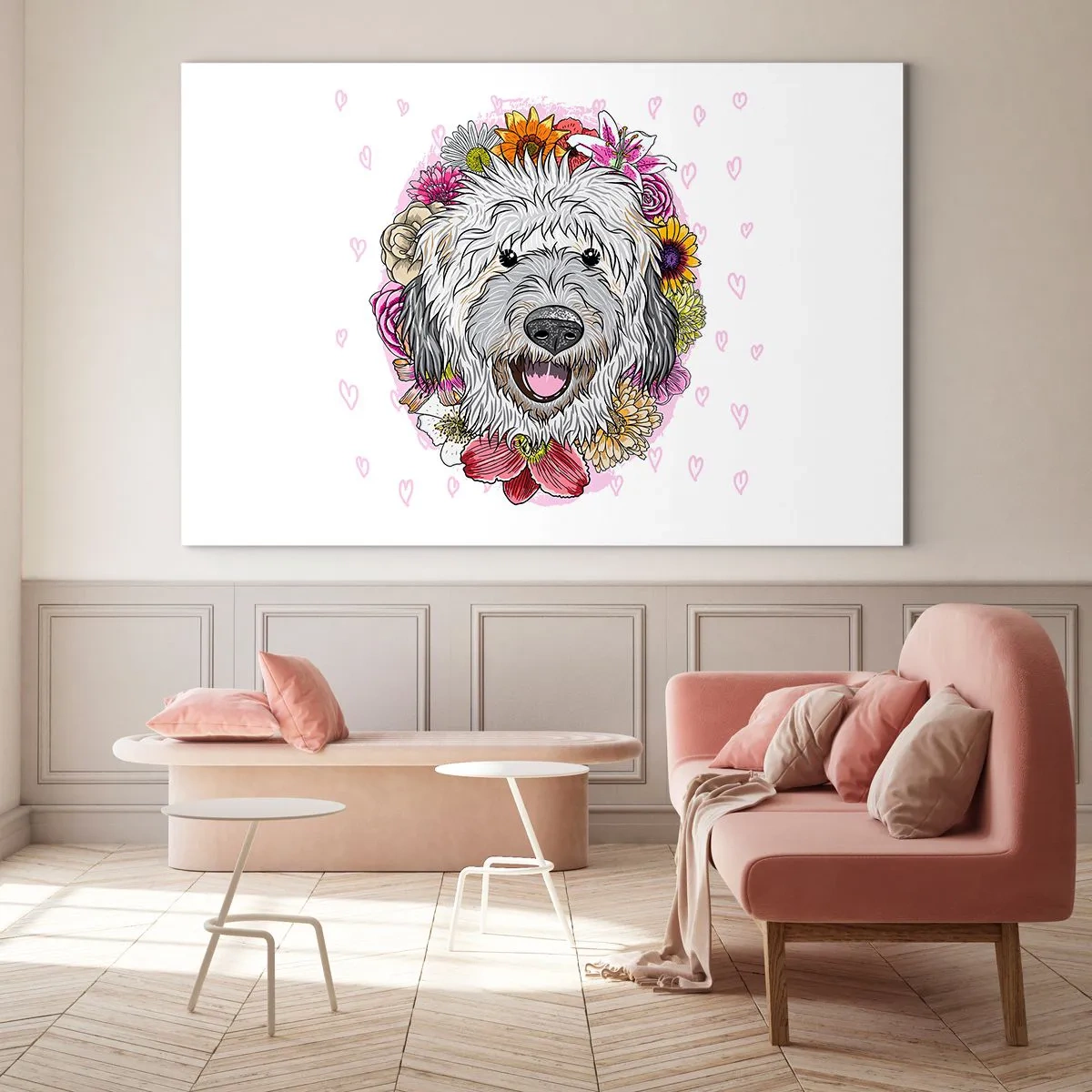Üveg kép - Virágokkal körülvett kutya illusztrációja - 70x50cm - Kölyökkutya öröm - Modern fali dekoráció nappalihoz és hálószobához ARTTOR