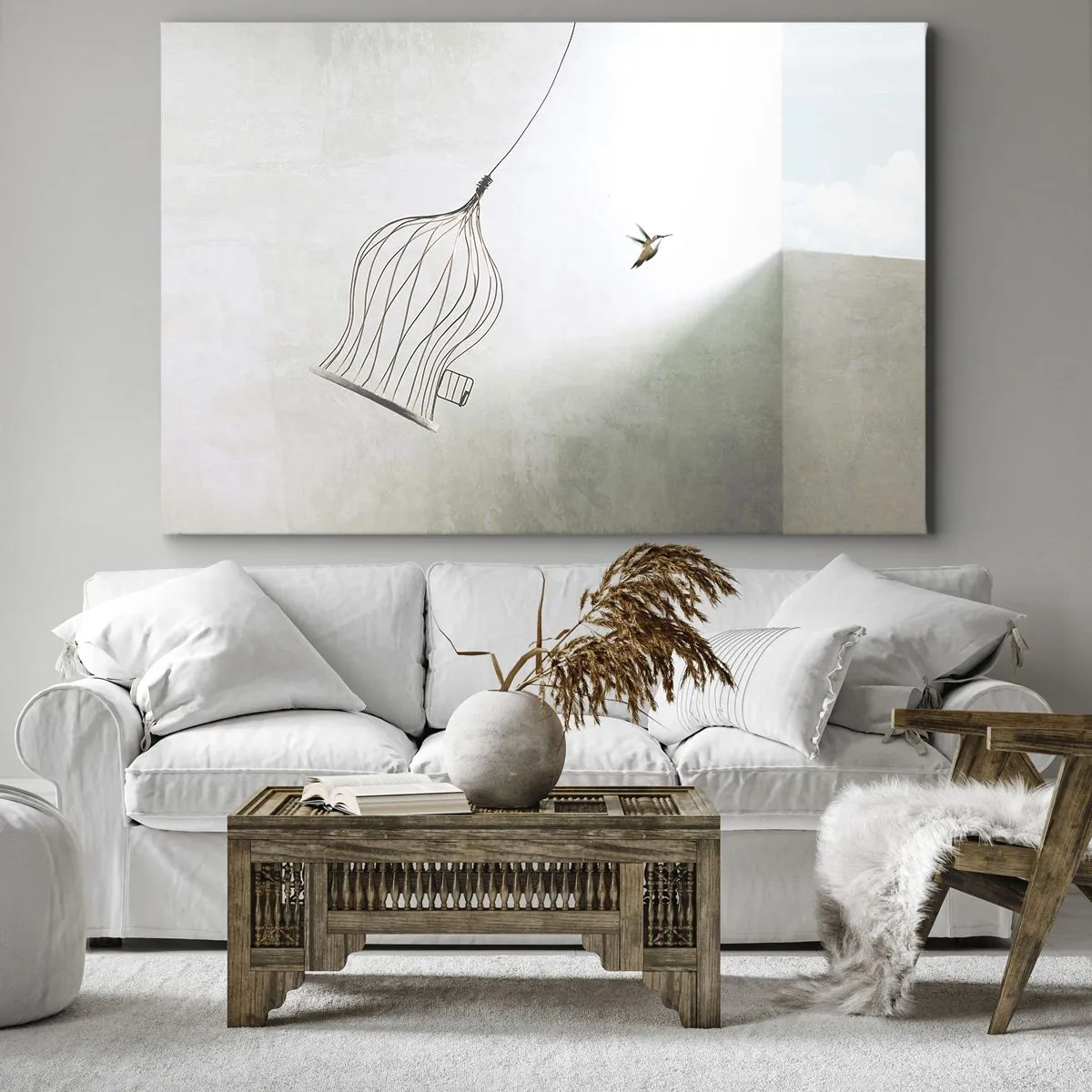 Vászonkép - Egy madár kiszabadult egy kalitkából a ragyogó ég hátterében - 70x50cm - Az elememen - Modern fali dekoráció nappalihoz és hálószobához ARTTOR