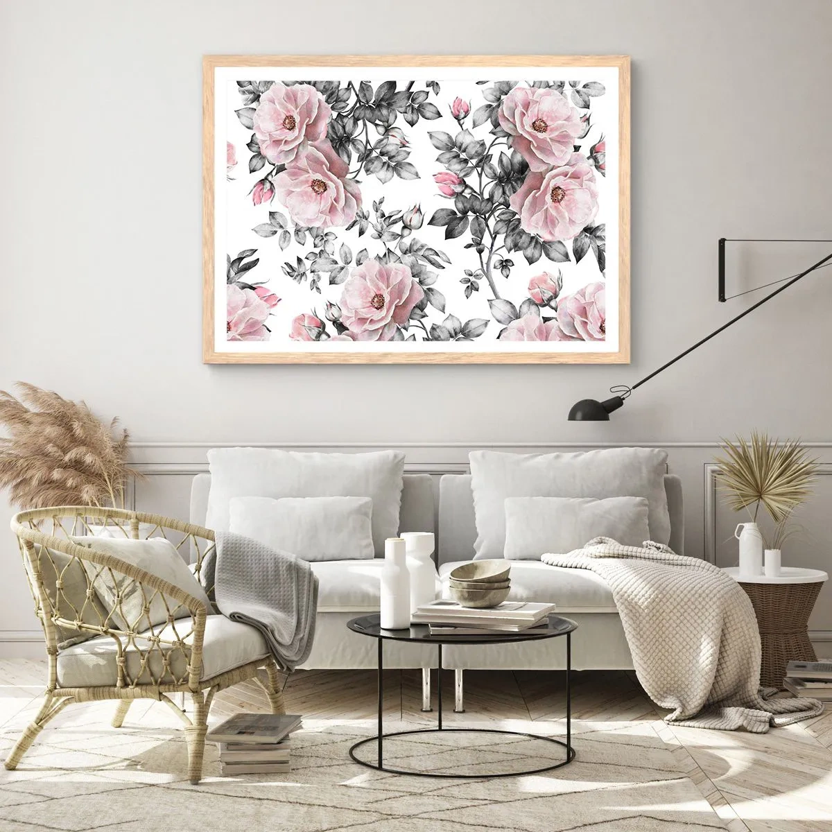 Poszter világos tölgy keretben - Elveszni a rózsák virágaiban - 50x40 cm