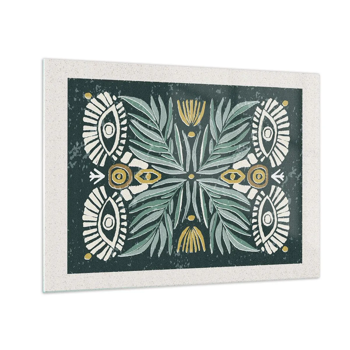 Üveg kép - Levelek és minták szimmetrikus kompozíciója népi stílusban - 70x50cm - Mint egy népi kivágás - Modern fali dekoráció nappalihoz és hálószobához ARTTOR