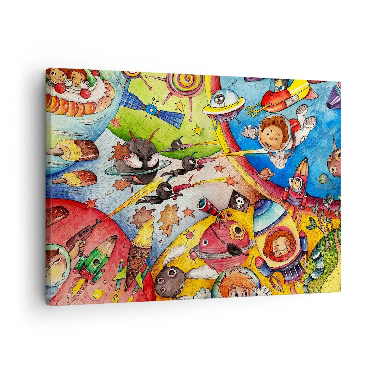 Vászonkép - Színes űrjelenet tele gyerekekkel és űrhajókkal - 70x50cm - Nagy űrkaland - Modern fali dekoráció nappalihoz és hálószobához ARTTOR