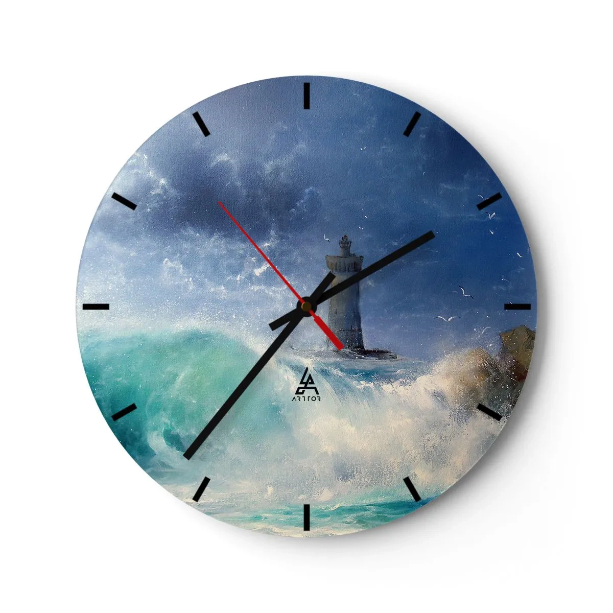 Falióra, Óra - Egy világítótorony, melyet viharos tenger és ég vesz körül - 30x30cm - Óvakodva az elemektől - Modern fali dekoráció nappalihoz, konyhához és hálószobához ARTTOR