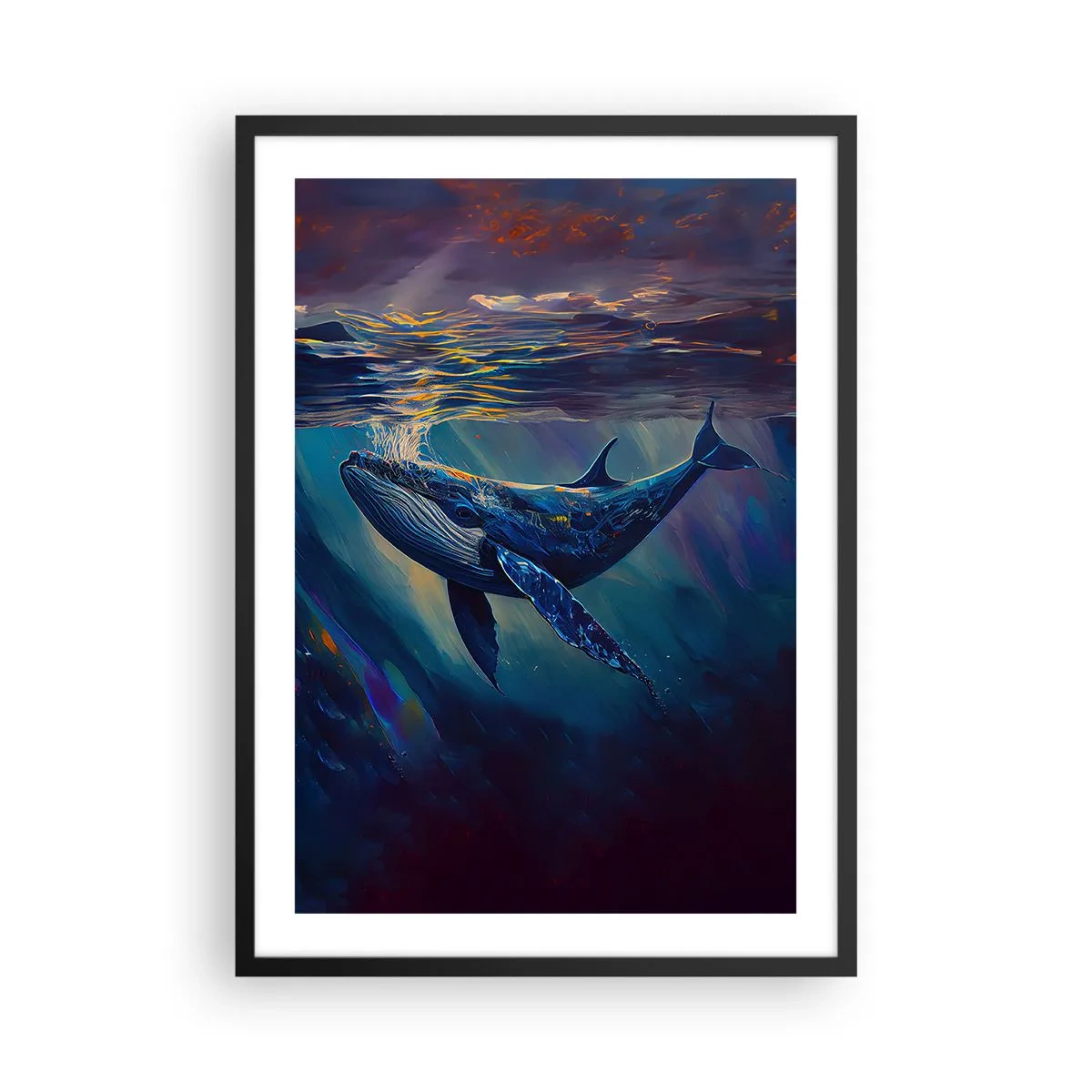 Poszter fehér keretben - Egy bálna hangulatos képe víz alatti fényben - 50x70cm - Üdvözöllek a világomban - Modern fali dekoráció nappalihoz és hálószobához ARTTOR
