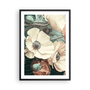 Poszter fehér keretben - Finom virágok pasztell árnyalatokban sötét háttéren - 50x70cm - Pipacsok suttogása - Modern fali dekoráció nappalihoz és hálószobához ARTTOR