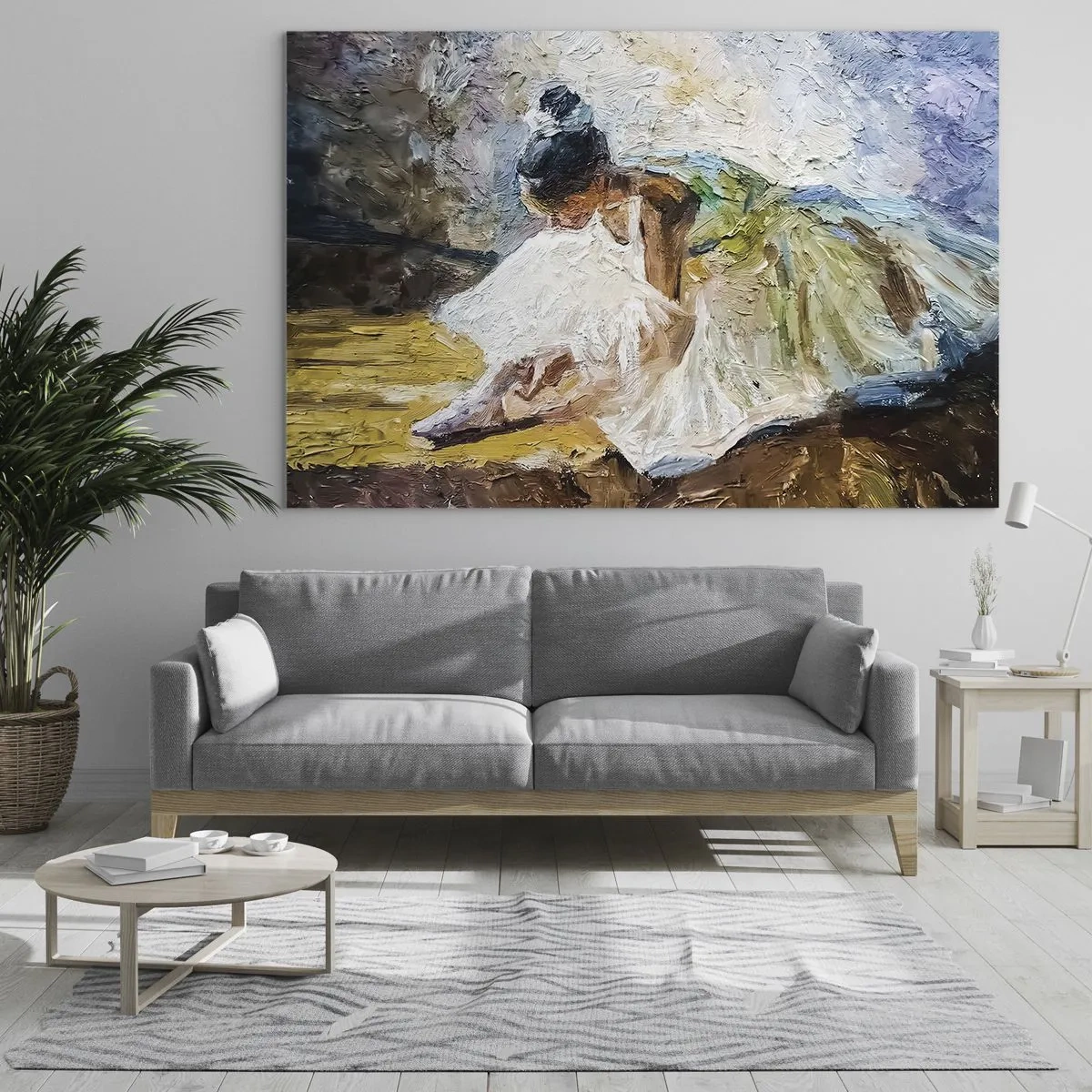Üveg kép - Egy balerina előrehajolva, olajfestékkel festett fehér ruhában - 70x50cm - Degas festményéből - Modern fali dekoráció nappalihoz és hálószobához ARTTOR