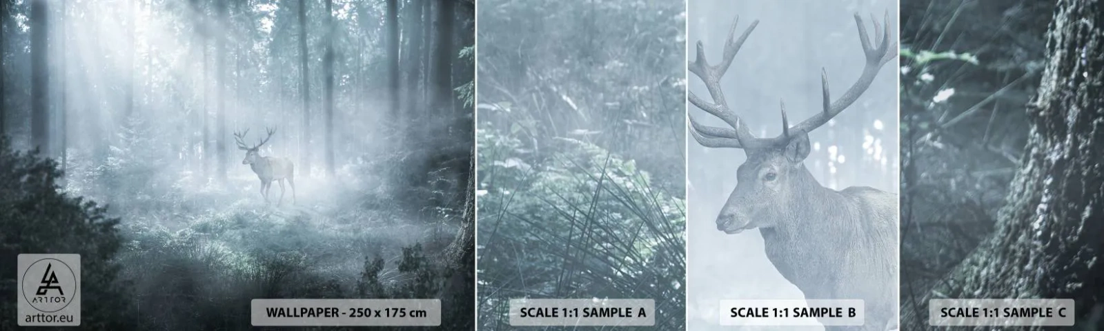 Fotótapéta Minta Öntapadós Deluxe Sticker - Reggeli birtokellenőrzés - Tájkép, Erdő, Szarvas - 100x30 cm